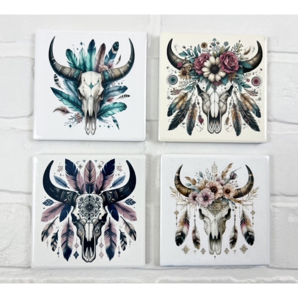 Longhorn Skull Feathers Flowers 4 Piece Square Ceramic Coaster No Slip Cork Back